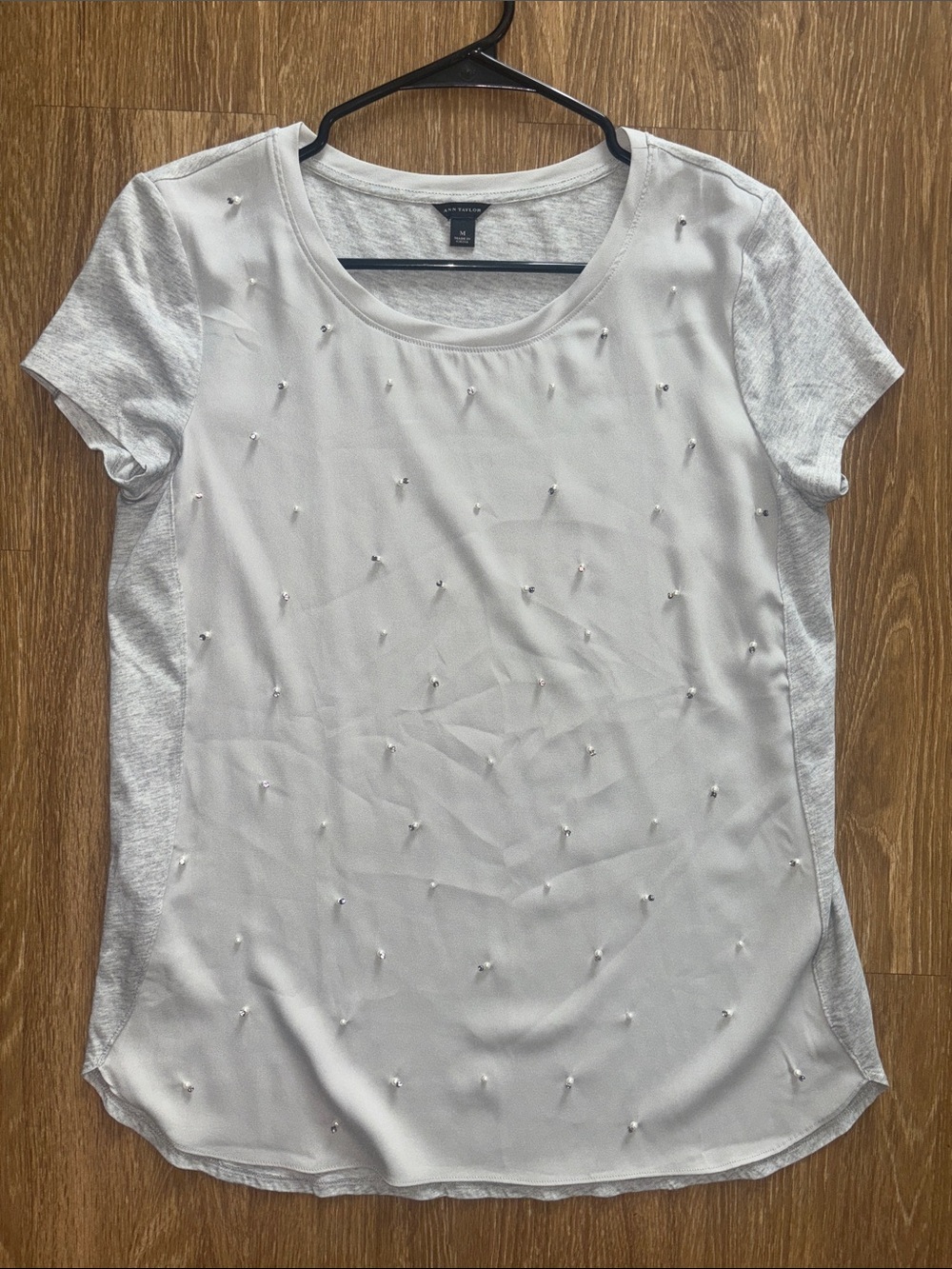Ann Taylor Grey Short-Sleeve Beaded Pearl Front Tee